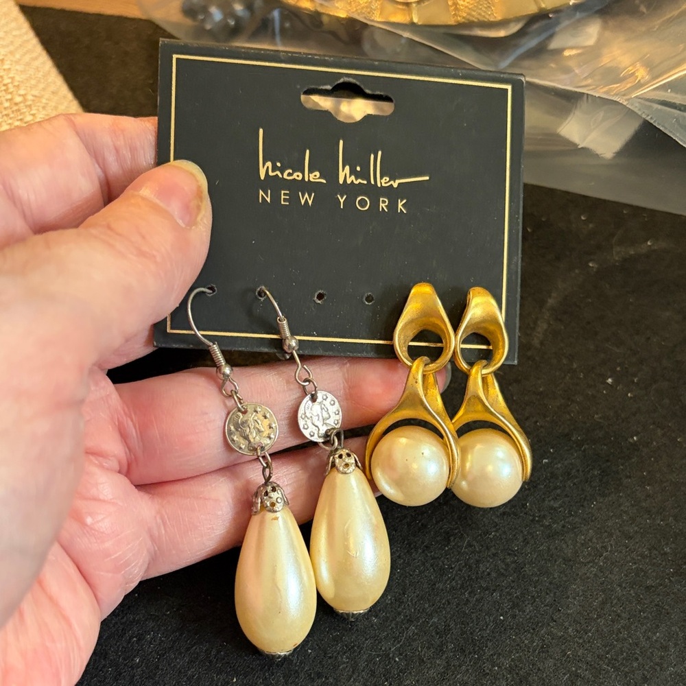 Nicole Miller Gold and Cream Teardrop Earrings